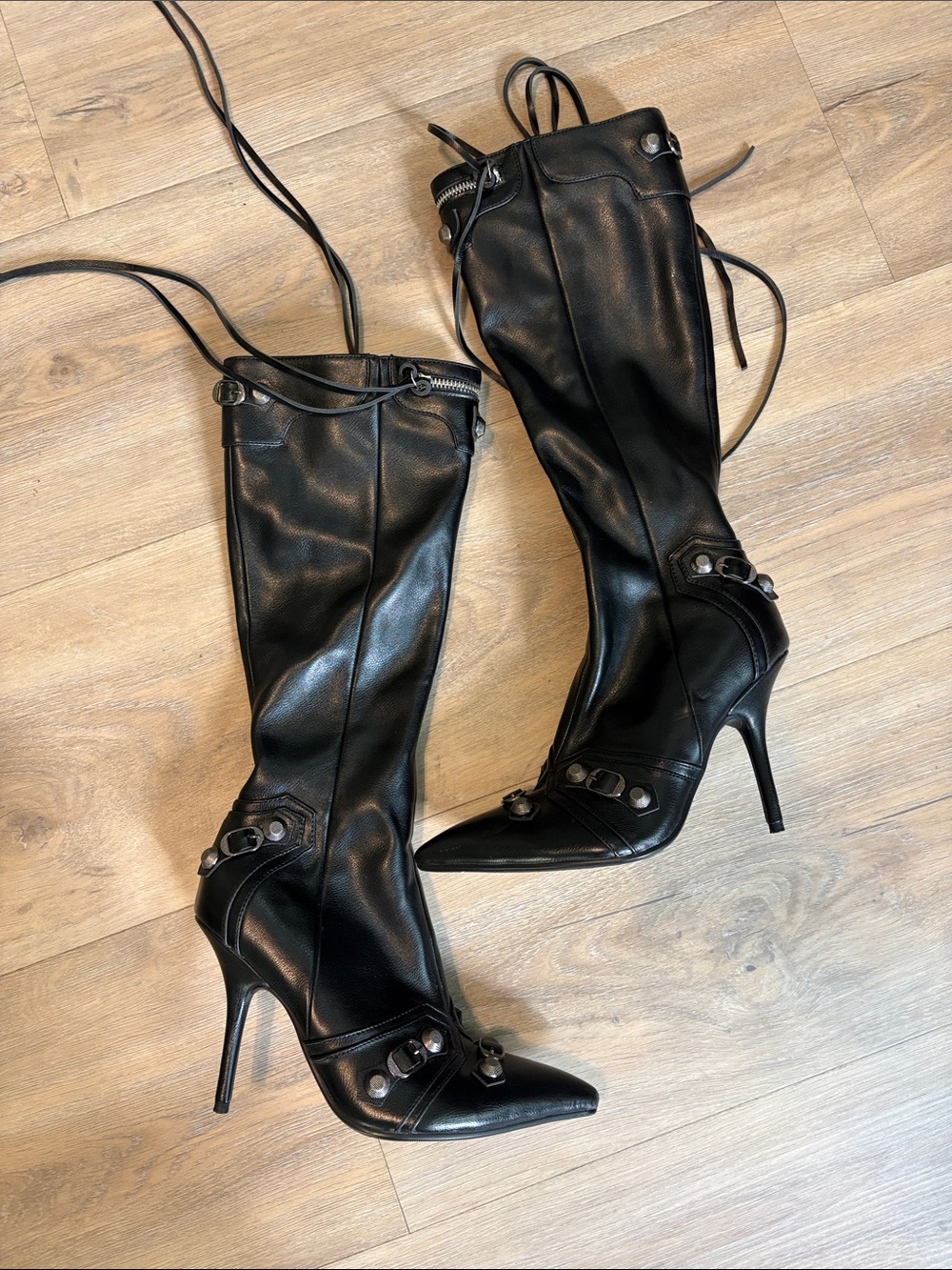 Zara Black Knee-High Pointed Toe Stiletto Boots with Stud Details